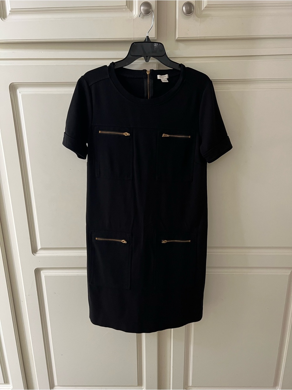 J. Crew Black Short-Sleeve Shift Dress with Gold Zips